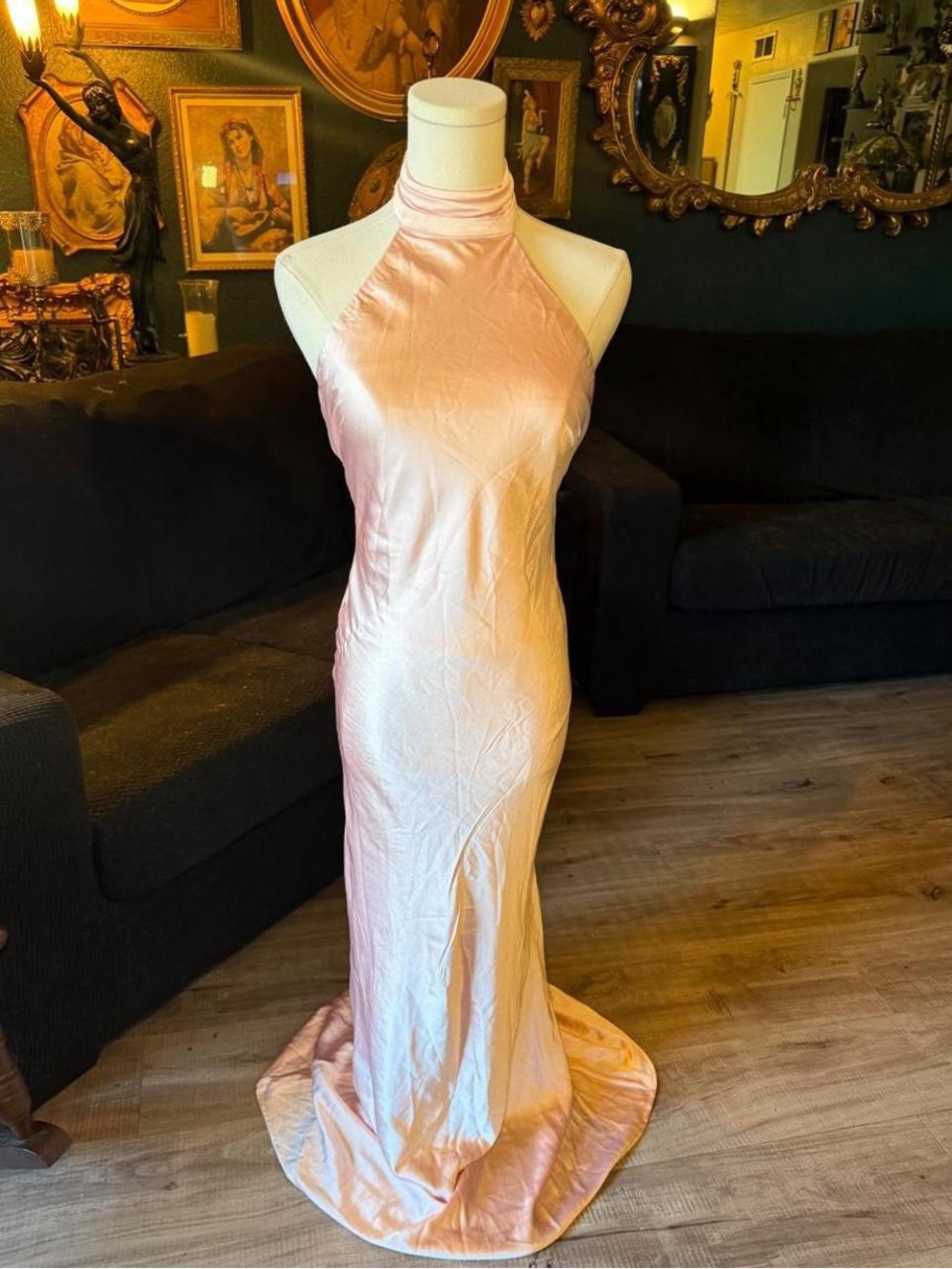 Runaway The Label “Brigitte” Maxi Dress | Blush Pink Satin Halter Open Back Gown